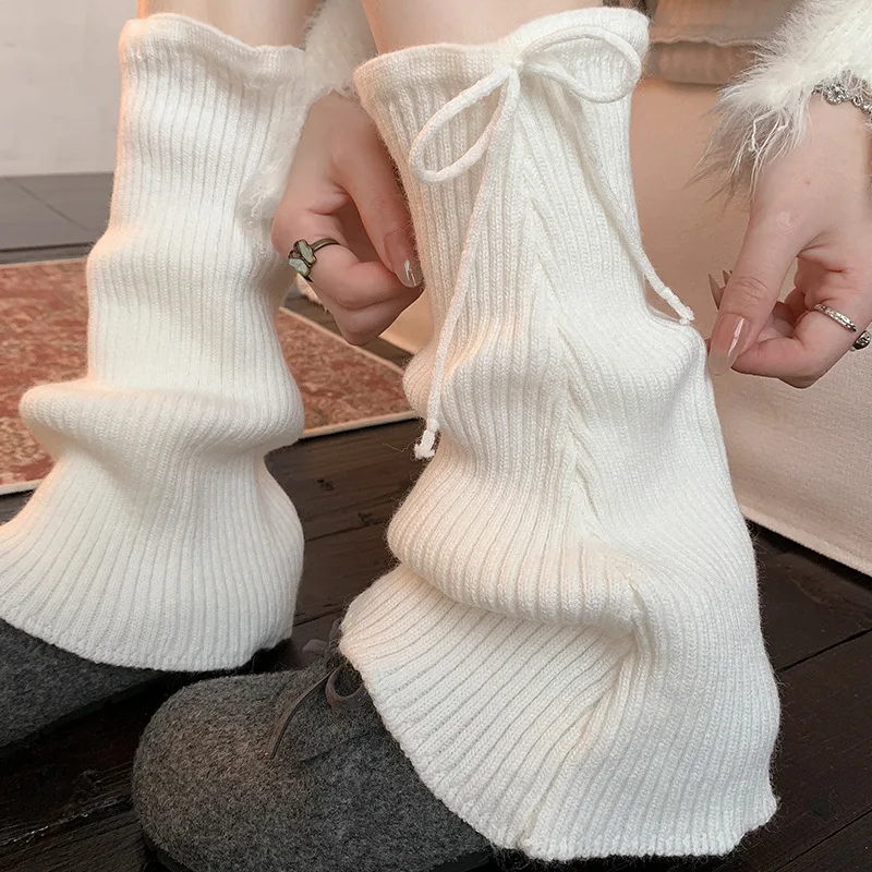 Y2K Strap Bow Leg Warmers Winter Warm Lolita Knitted Solid Color Boot Cuffs for Korean Women Stacked Flared Stocking Foot Cover