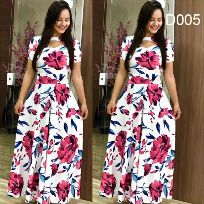 Elegant Spring Women\'s Dress Casual Fashion Floral Print Short Sleeve Super Long Dress 2023 New Fashion Hollow Out Long Dresses