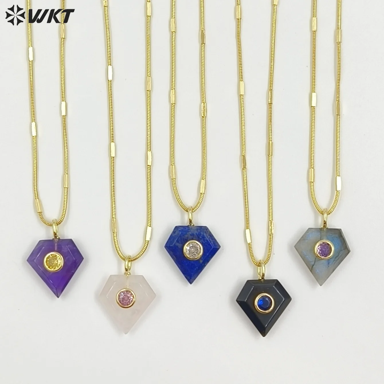 WT-N1508 Classic Style Geometric Pentagonal Diamond Shape Labradorite Amethyst Gemstone&Zircon Paved Pendant Fine Necklace