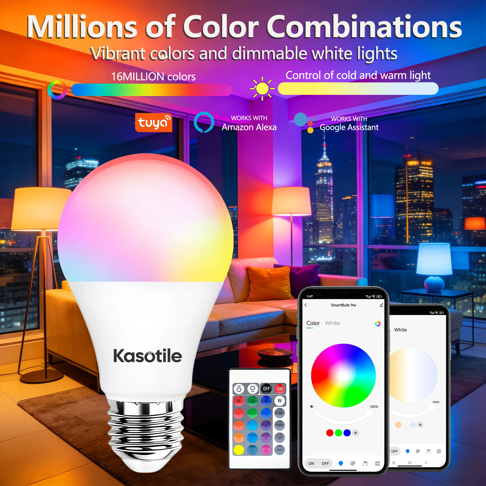 Kasotile Tuya Bluetooth LED Bulb 9W 110V 24 Key Remote Control RGBW Light Changing Bulbs for Home Party Bedroom Outdoor