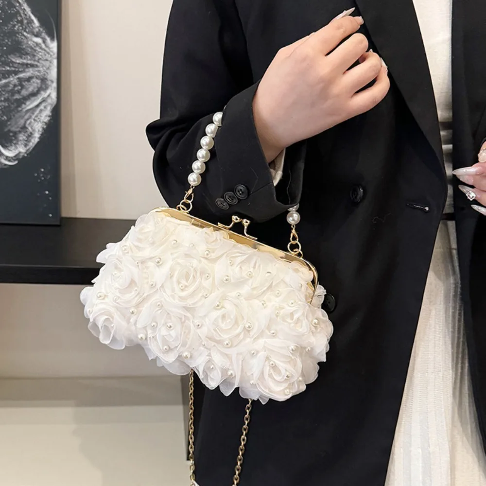 

Rose Flower Evening Banquet Bag Pearl Metal Chain Pearl Chain Handbag Seashell Shape Elegant Crossbody Shoulder Bag Party