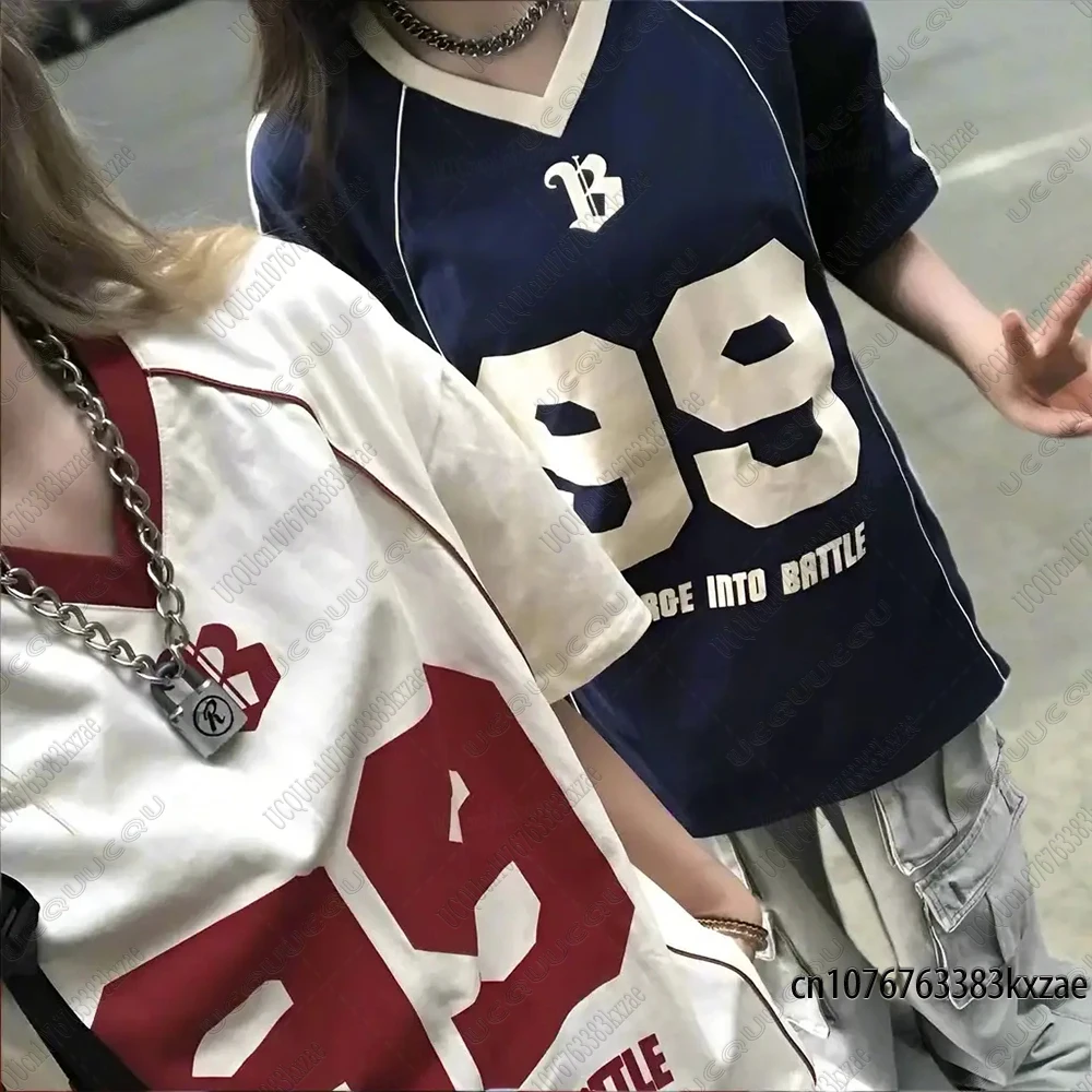 2026 Summer New 99 Print T-Shirt For Women V-Neck Patchwork Short Sleeve Vintage Sports Football Jersey Y2K Loose Oversized Tops