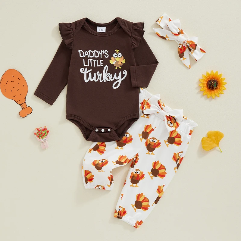 2024-07-13 Lioraitiin Baby Girls 3Pcs Thanksgiving Outfits Long Sleeve Romper + Dots/Turkey Print Pants + Headband Fall Set