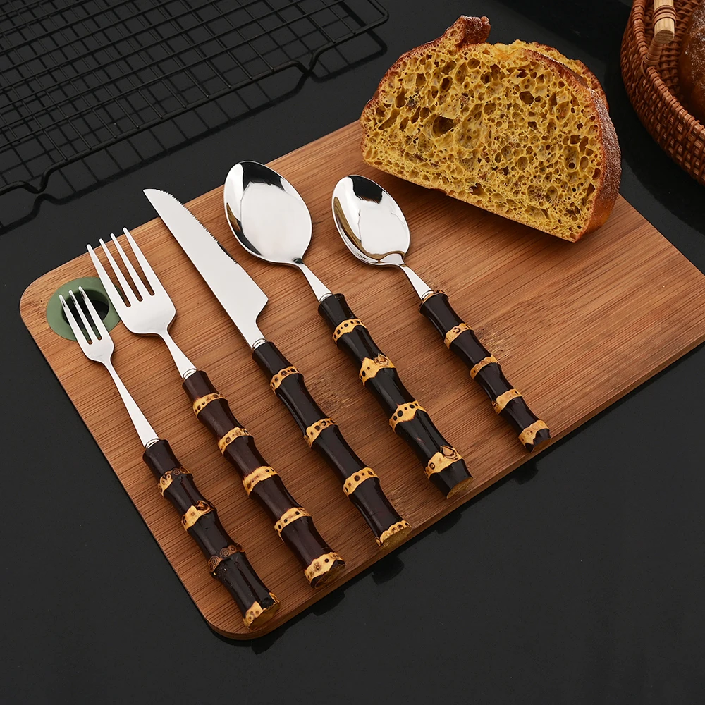 5Pcs Creative Home Bamboo Handle Dinnerware Cutlery Set Stainless Steel Tableware Steak Knives Fork Spoon Flatware Set For Home view 6