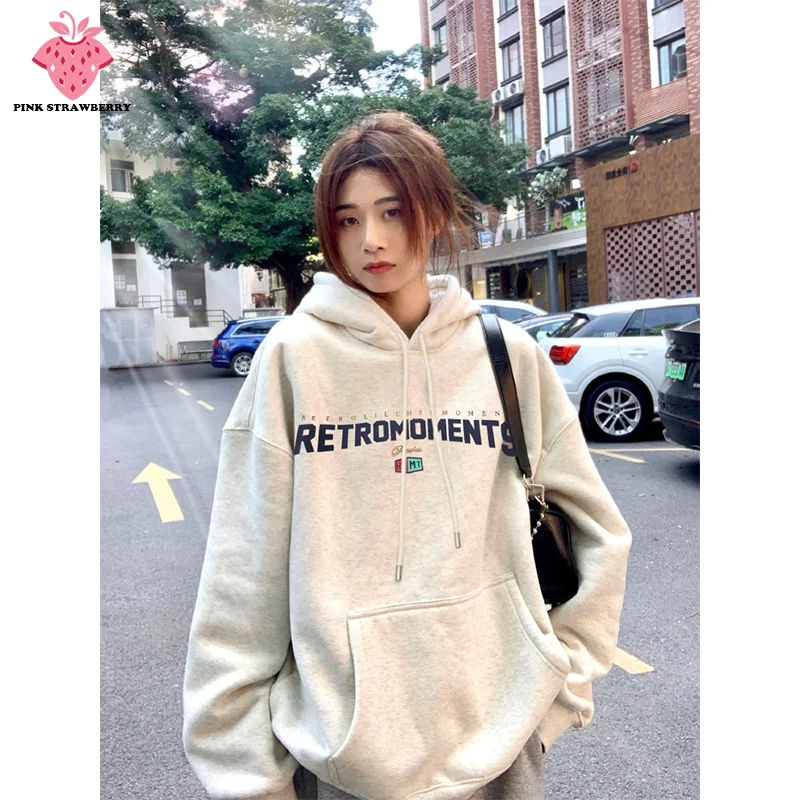 

American White Gray Plush Hoodie Women Autumn Winter 2025 New Oversize Long sleeves Pullover Sweatshirt Y2K Tops Ladies clothing