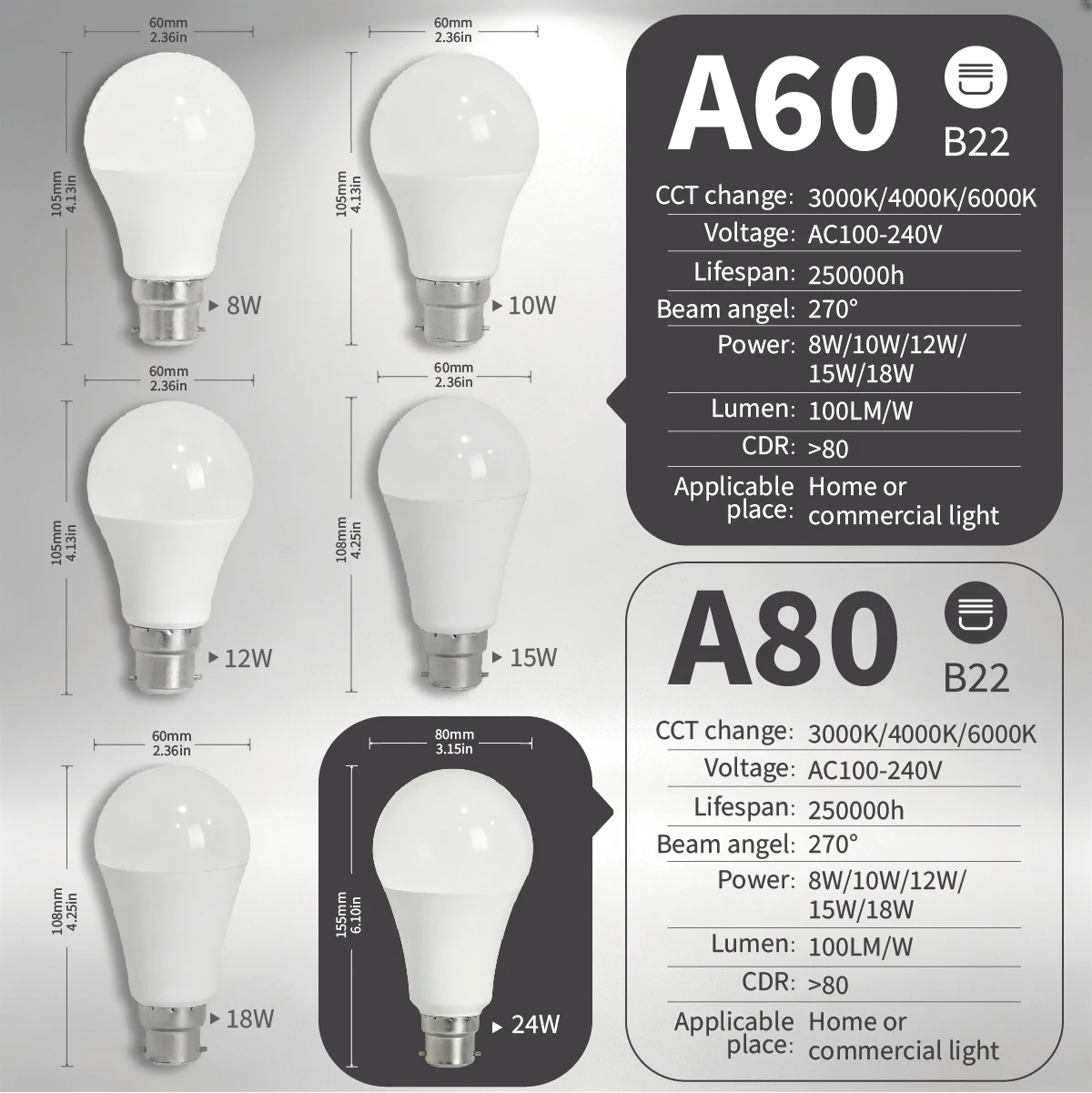 B22 Base LED Light Bulb 8-24W 3CCT Adjustable Color Changing Lamp Memory Function,Wall Switch Operated Indoor Household Lighting