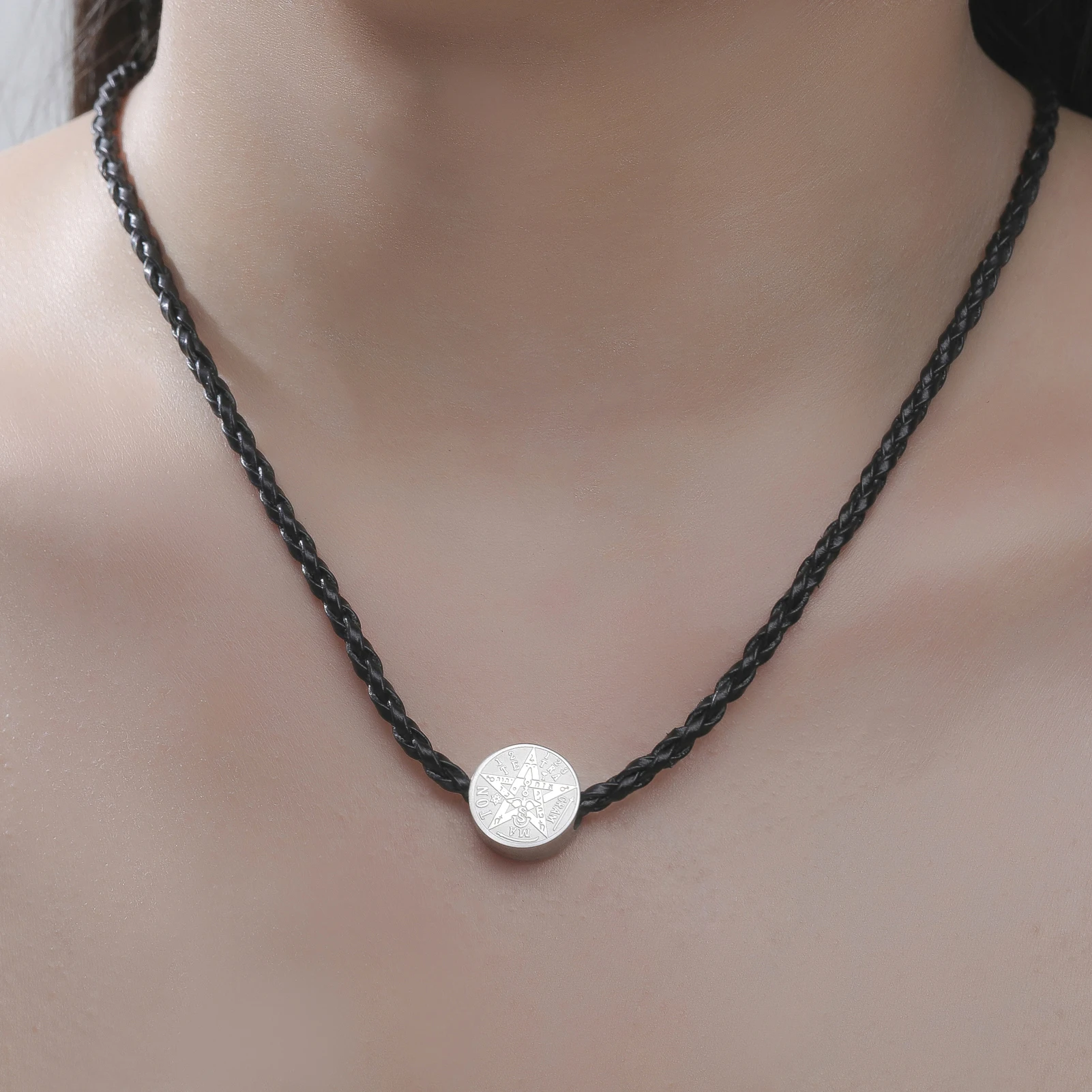 Seal of Solomon Pentagram Stainless Steel Pendant Necklace Unisex Vintage Black Braided Leather Cord Talisman Jewelry Gift