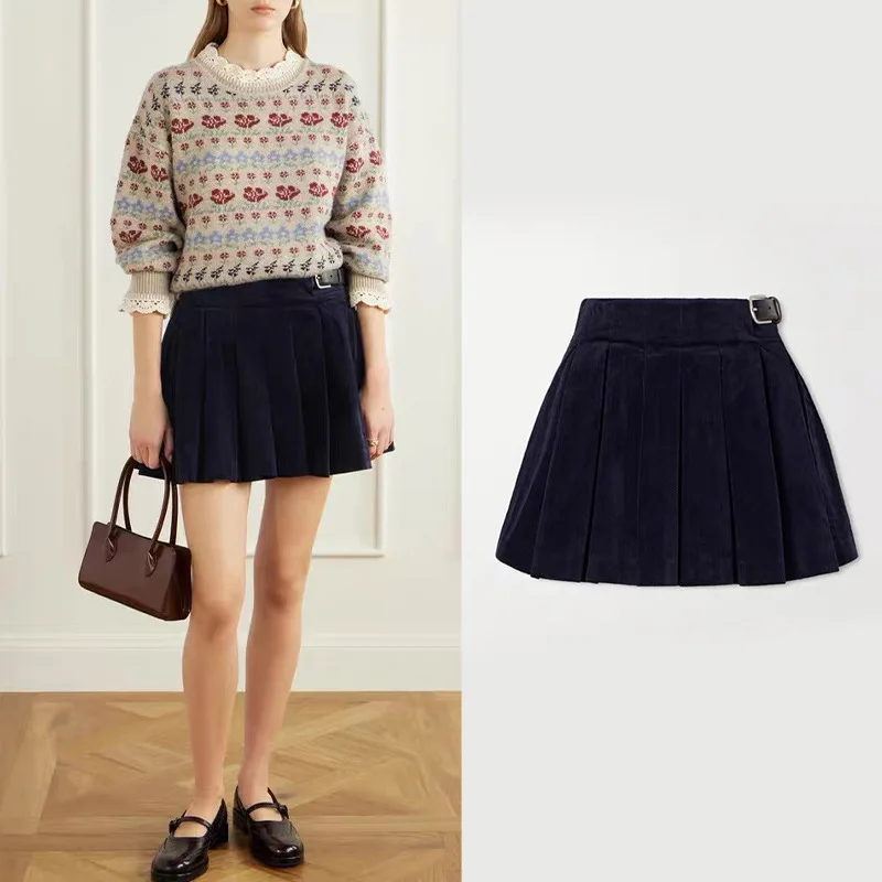 Cotton Blends Women Dark Blue Mini Skirt Pleated Elastic Leather Buckle Decoration Early Autumn 2026 Corduroy Short Jupe