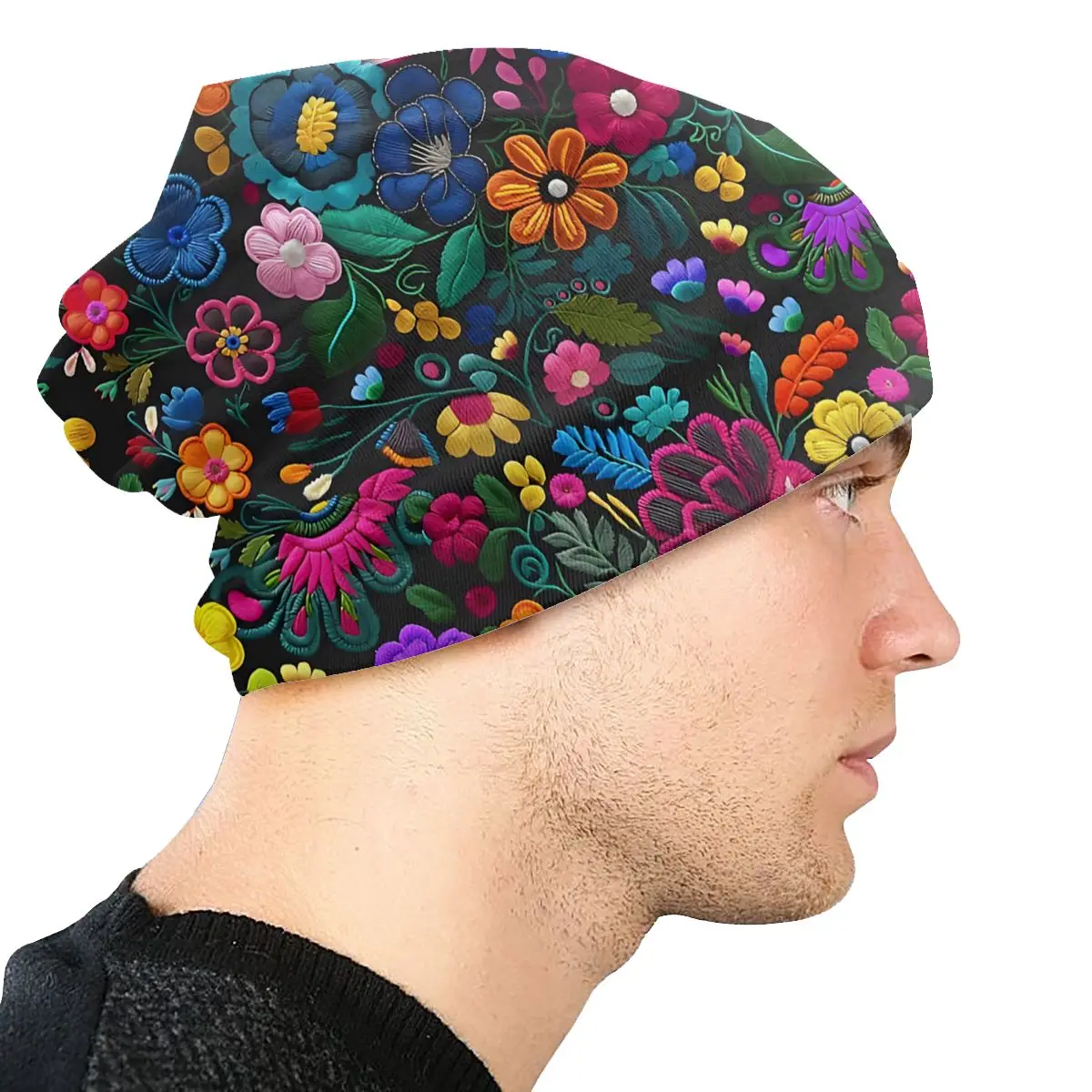 Mexican Embroidery Flower Pattern Washed Thin Bonnet Windproof Casual Beanies Protection Men Women Hats