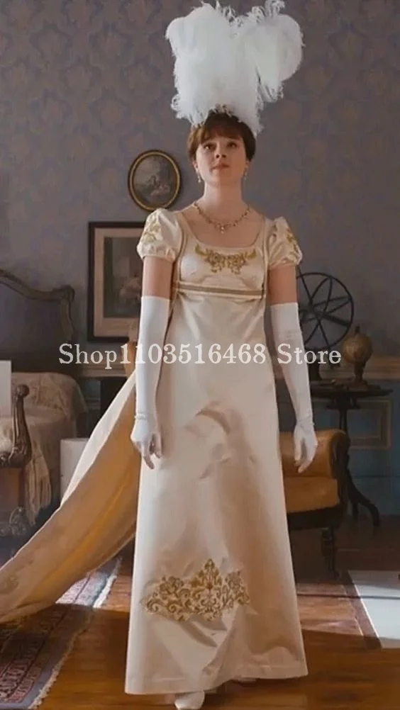 Daphne Bridgetown In Bridgetown Prom Dress Champagne Round Neck Short Sleeve Gold Embroidered A-Line Long Customisationvestidos