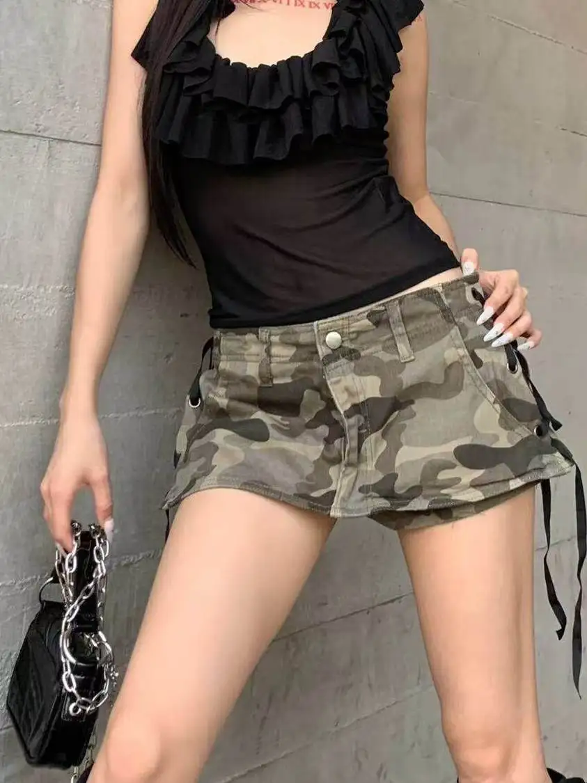 

American Vibe High Street Camouflage Ultra-Short Denim Skirt Low Waist Slimming Wide Leg Wrap around Pants Trendy Skirt