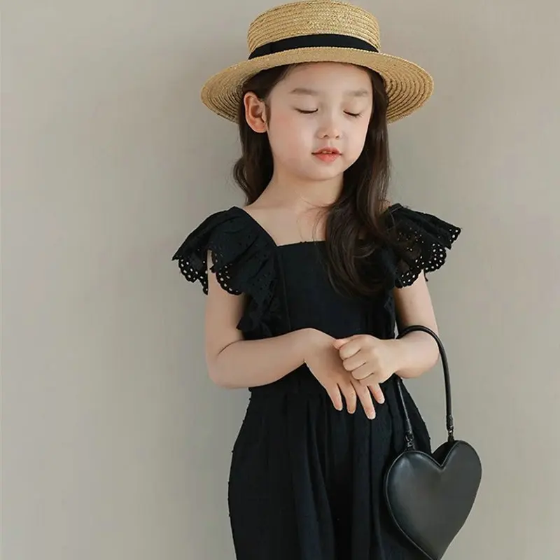 Girls\' Clothing Set Hollow Lace Flying Sleeves Top+Cropped pants  Summer New Solid Color Minimalist Temperament Children\'s Set