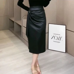 Korean Fashion Autumn Winter Women Solid Zipper Pleated Simplicity Office LadyChic High Waist Midi Slim A-line PU Leather Skirt