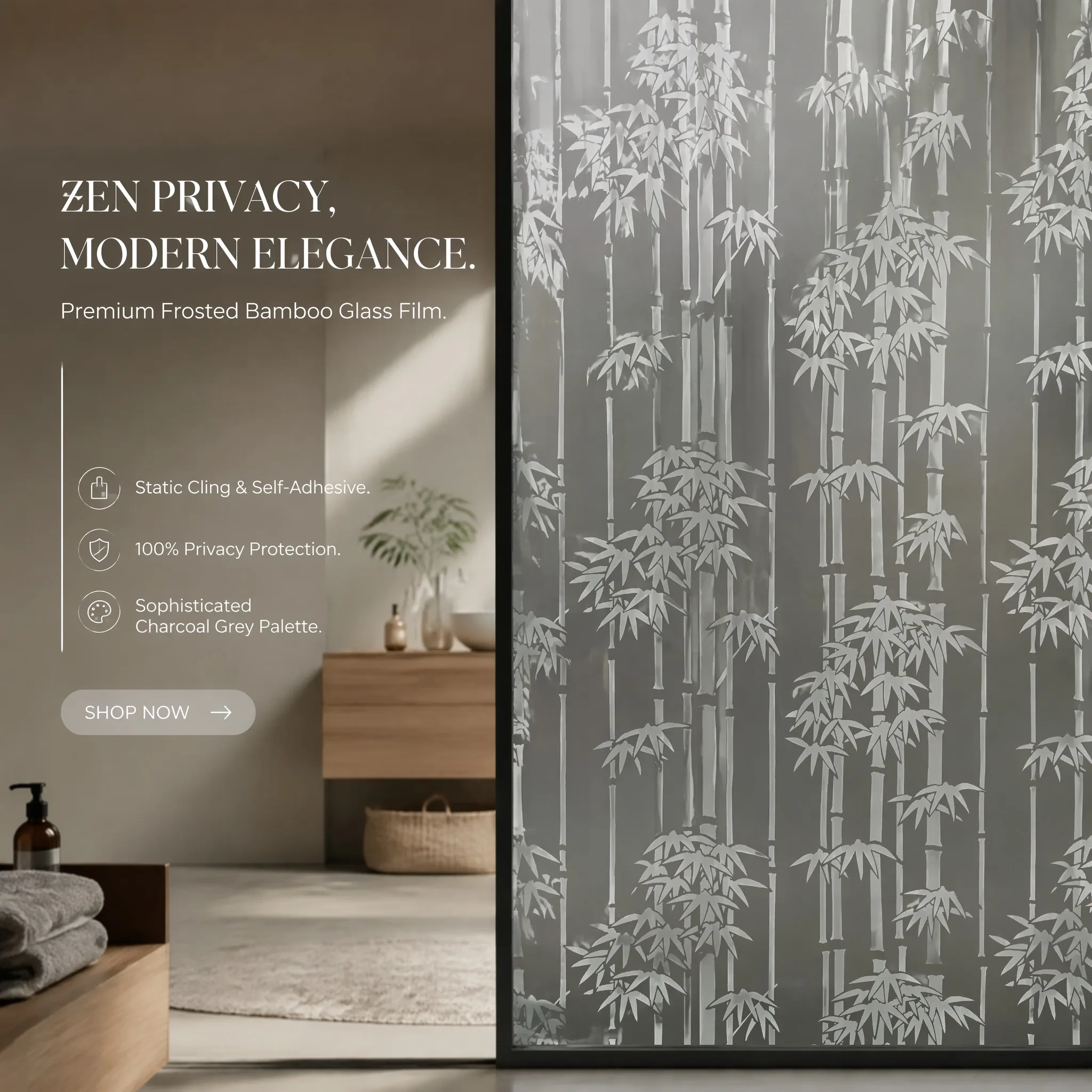 Zen Bamboo Frosted Self-Adhesive Window Film Privacy Decorative Film for Home Office Decorations