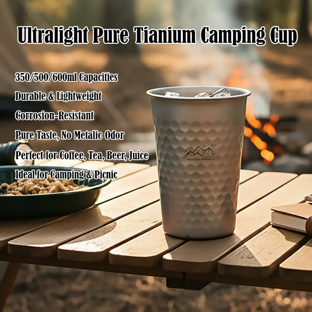 Taza de camping ultraligera de titanio puro, 350/500/600ml, taza portátil para café y té al aire libre, taza para cerveza y zumo, vajilla para camping