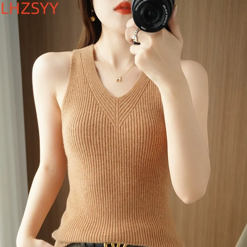 LHZSYY Women\'s New 100% Pure Wool Camisole Four Seasons Inner cloth Vest Sleeveless Condole Belt Versatile Cashmere Knit Halter