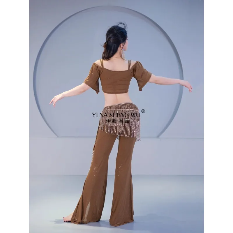 Sparkle Sheer Mesh Outfit Oriental Dance Costume Class Wear Girls Belly Dance Flare Trousers Shimmy 3pcs Suit Top Pants Belt