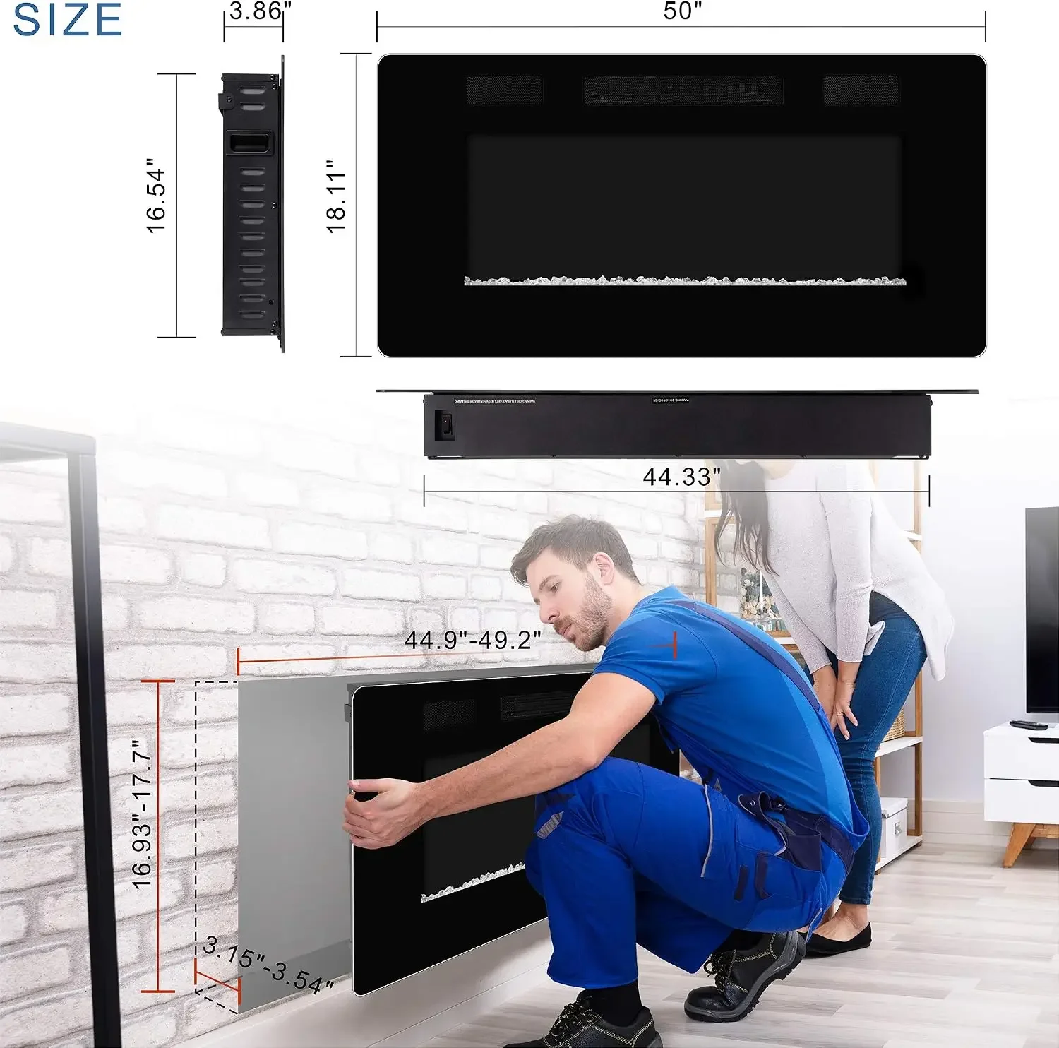 50 inch Electric Fireplace Recessed and Wall Mounted Insert Update | Fireplace Heater with Ultra-Thin Lightweight LED Flush Moun