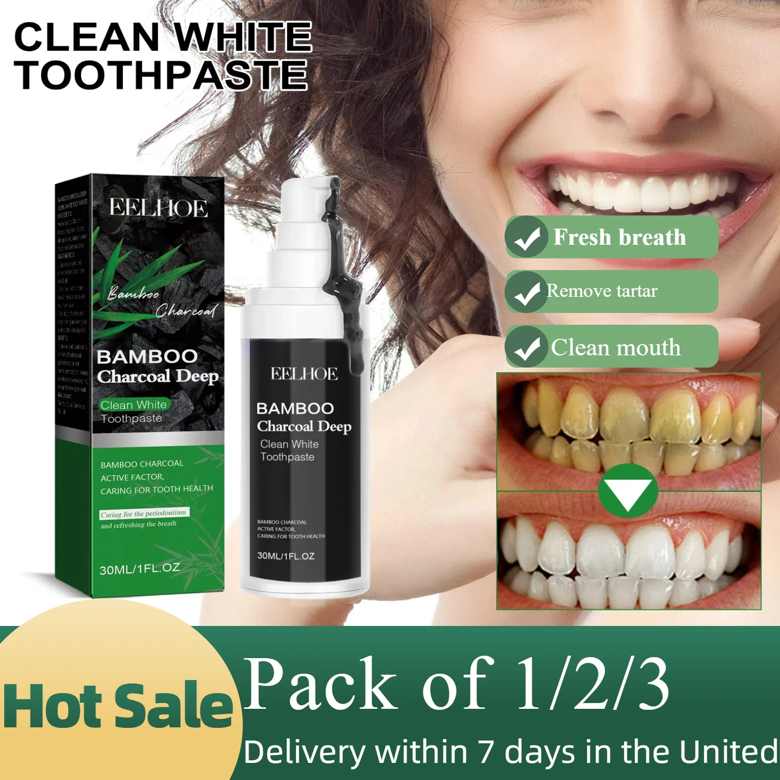 3pcs Bamboo Charcoal Whitening Toothpaste Effectively Removes Yellow Teeth and Cleans Teeth, Removes Tooth Stains Toothpaste