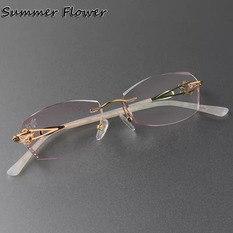 

Flower Engraved Prescription Glasses Rimless Spectacle Titanium Fashion Diamond Trimmed Frames Women Tint Lenses