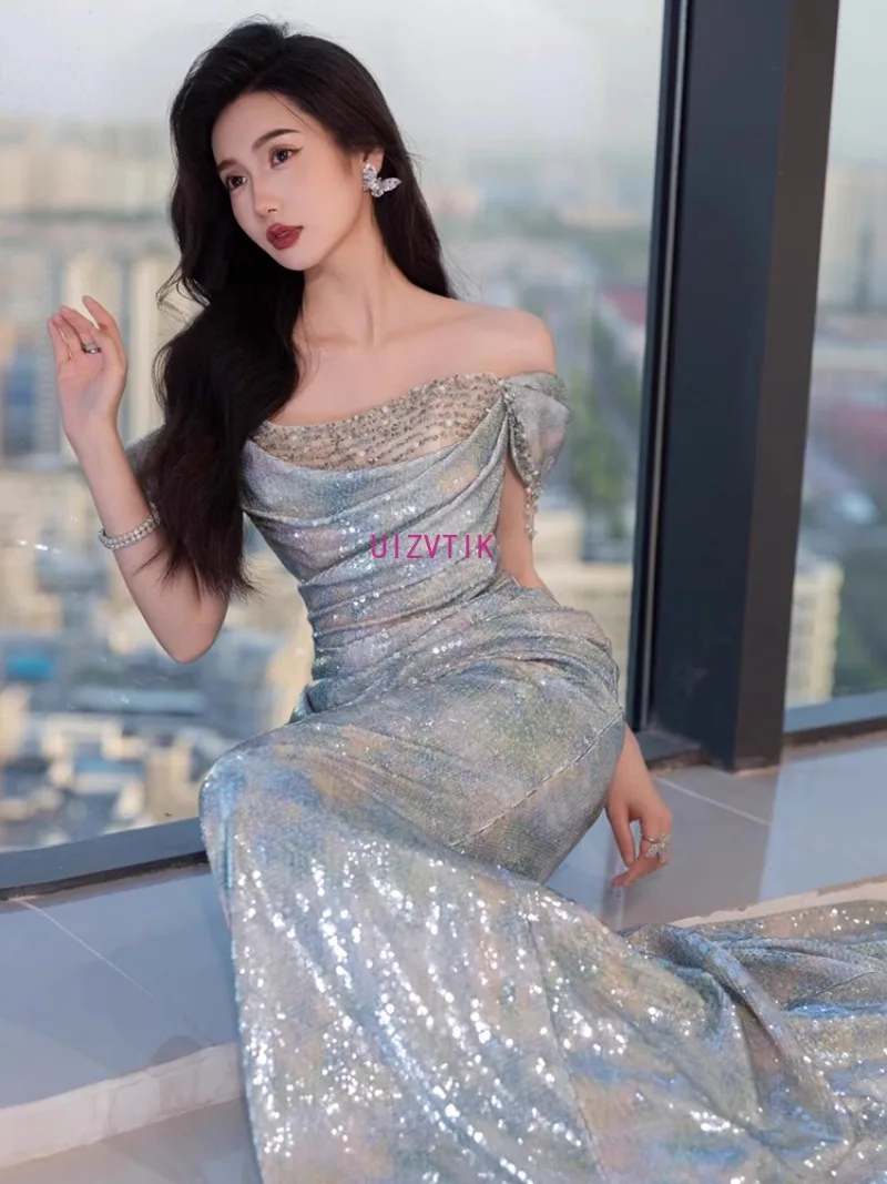Вечернее платье Lnog с открытыми плечами, новинка 2025, элегантное платье для выпускного вечера с блестками, платье русалки с открытой спиной, вечерние, свадебные, торжественные, платья