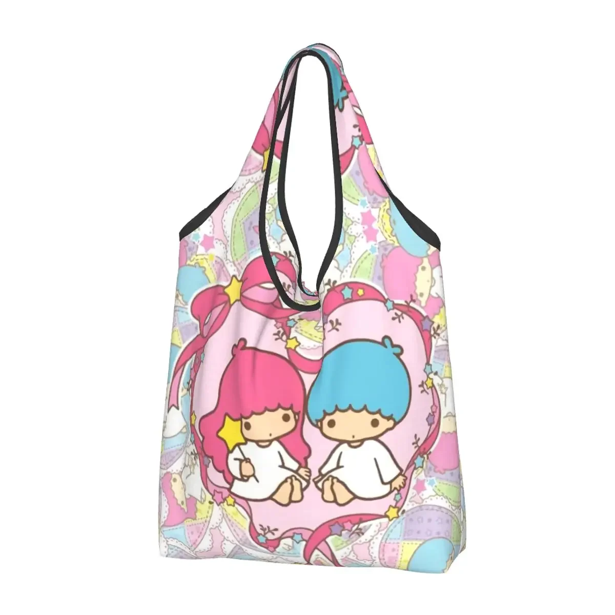 Custom Little Twin Stars Sanrio Cartoon Kiki Lala Groceries Shopping Bag Funny Shopper Tote Shoulder Bag Portable Handbag