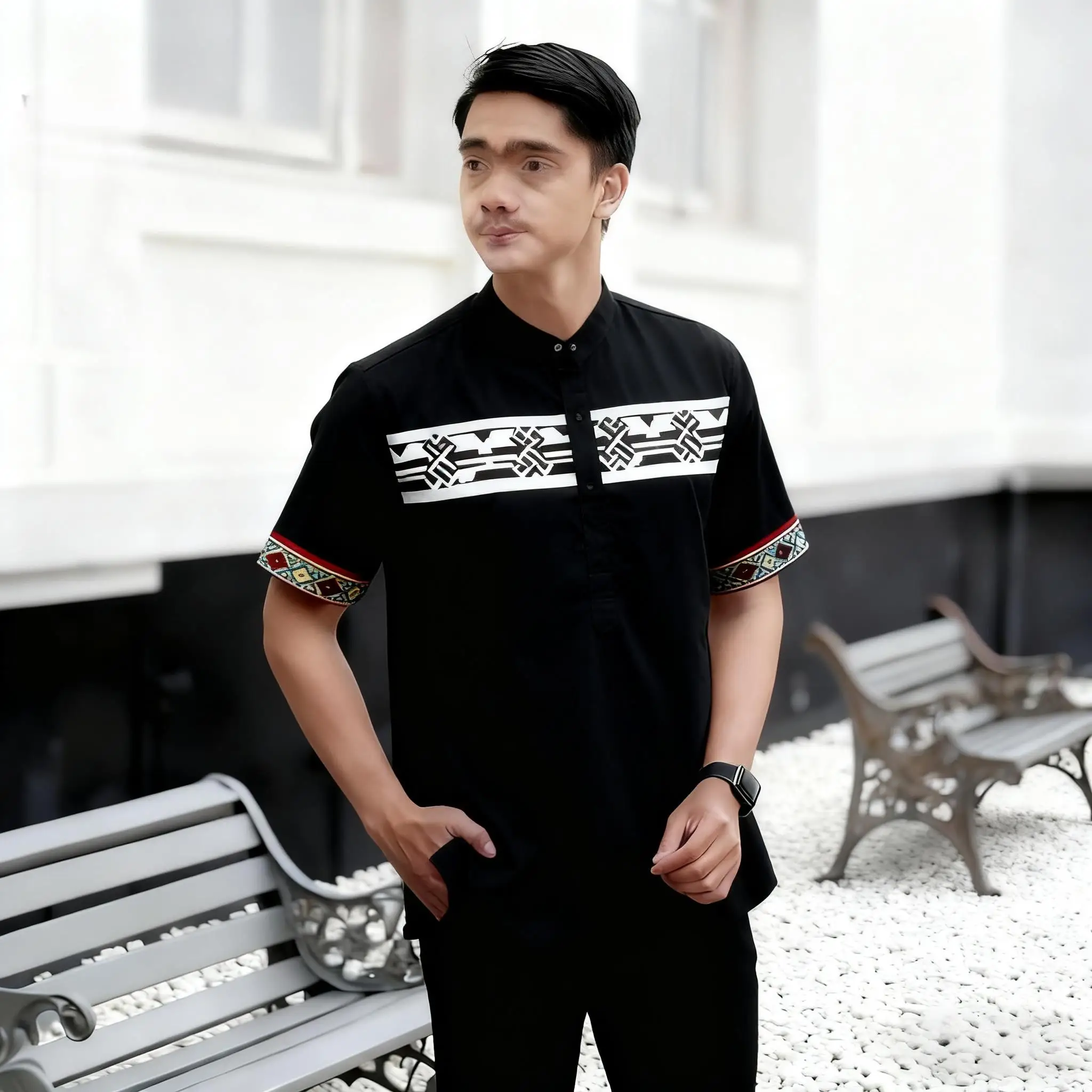 

Мусульманская рубашка с короткими рукавами в стиле пэчворк и вышивкой в полоску Jubba, повседневная свободная абайя, 2026, Ropa Musulmana Hombre, исламская