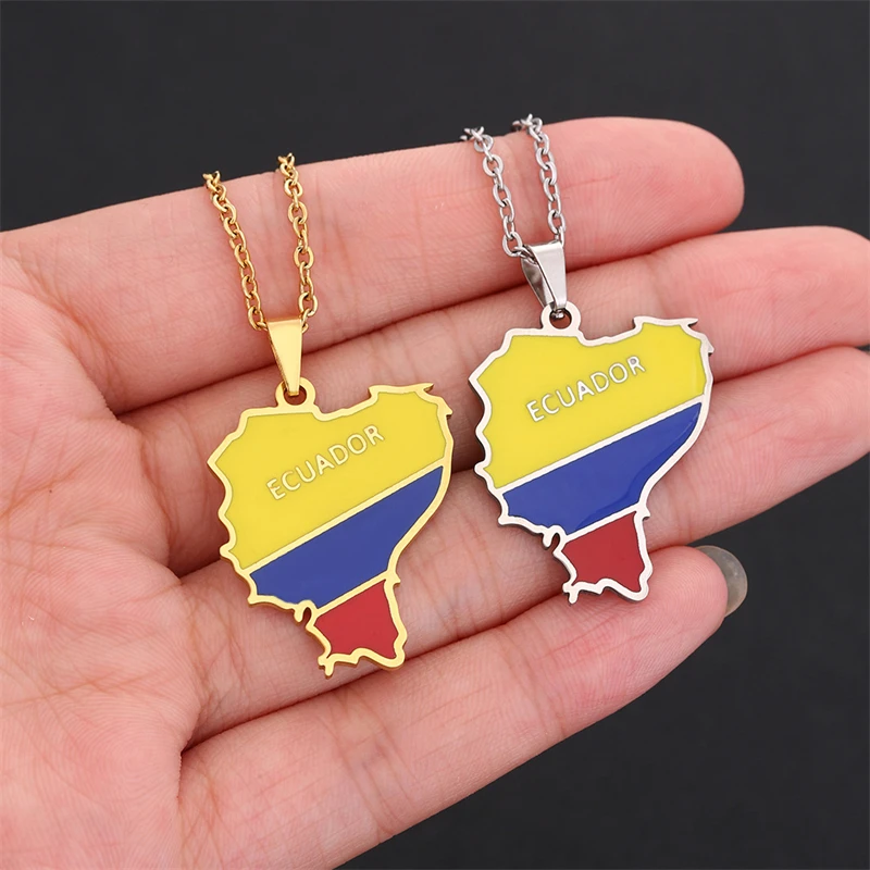 República del Ecuador Map Flag Pendant Necklace Gold/Silver Color Men Women Ethnic Map Stainless Steel Enamel Jewelry Gift