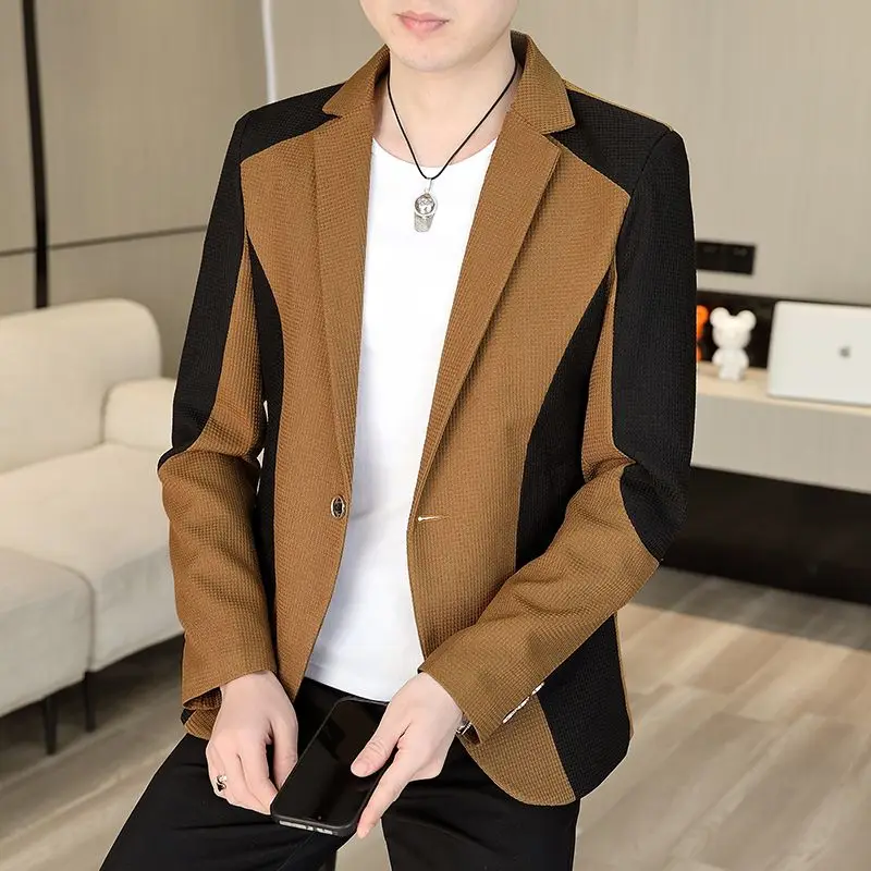 Men's Casual Blazer Slim Fit Color Block Patchwork Suit Jacket Spring Autumn New Korean Style Fashion Coat