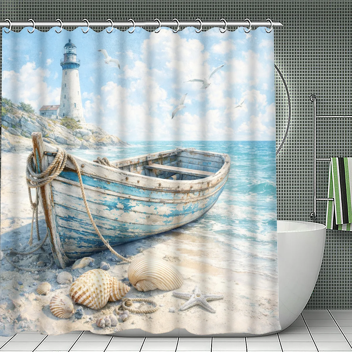1pc Seaside Lighthouse and Boat Shower Curtain, Bathroom Decor, Multi-Size Options (120x180cm, 150x180cm, 180x180cm, 180x200cm,