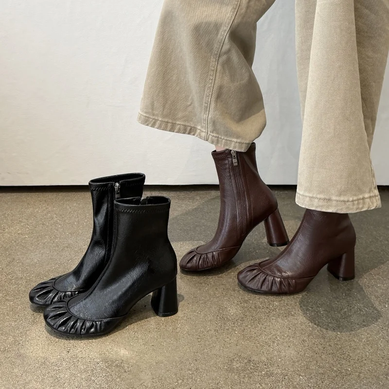 MKKHOU Genuine Leather Ankle Boots Women Ruched Round Toe Side Zipper Block Heel Stretch Slim Booties Fall Winter Boots Women view 3