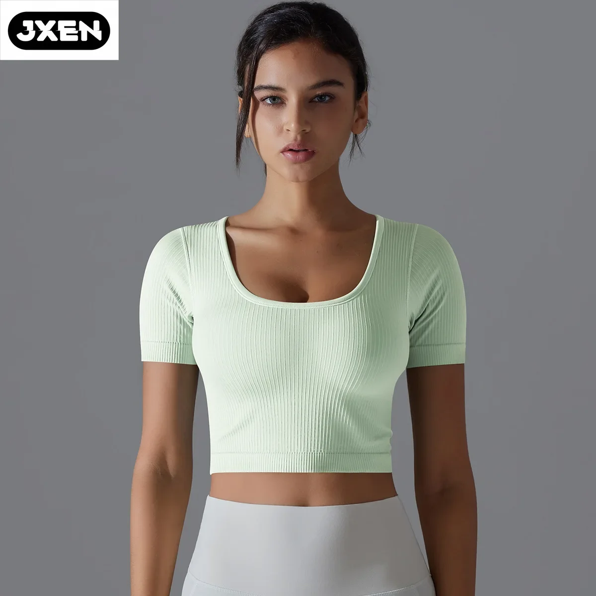 Seamless Solid Color Threaded Low-cut Tight Sports T-shirt Yoga Clothes Sports Running Fitness Short Sleeves Women