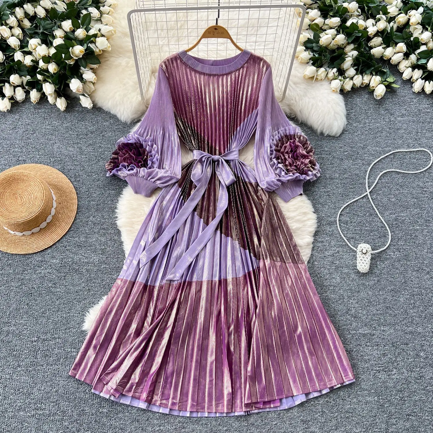 Miyake Pleated Dress Women's Retro Elegant Three-dimensional Flower Lantern Sleeve Waist Loose Pleated Long Dress 2025 New