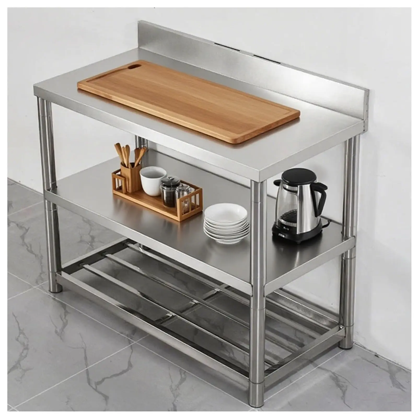 

kz-Work Table Stainless Steel Commercial Kitchen Two Layers Three Layers Work Bench With Backrest Industrial Kitchen Table%
