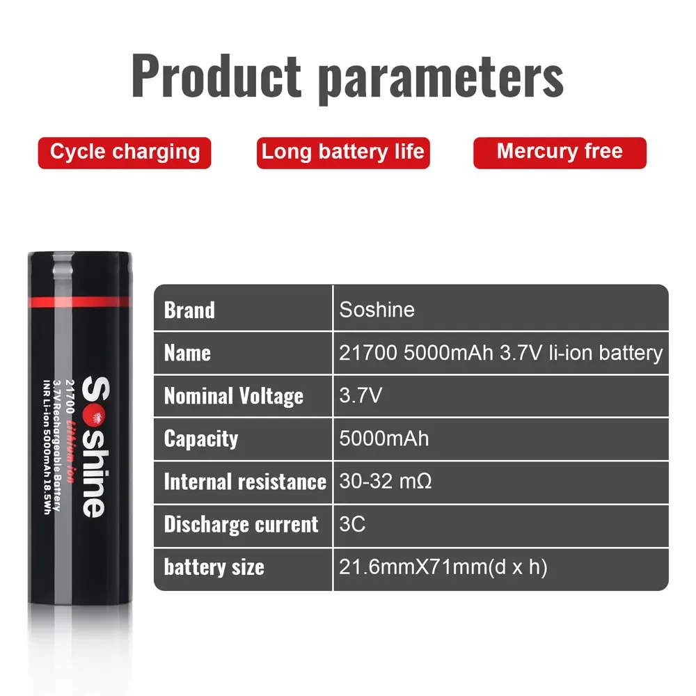 Soshine 3.7V 21700 Rechargeable Battery 3C 5000mAh Lithium-ion Discharge High Power Batteries for High-power Appliances Battery