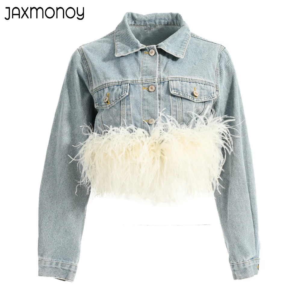 Jaxmonoy Women's Denim Jacket With Real Ostrich Feather 2023 Spring Fashion Blue Denim Coat Autumn Ladies Full Sleeves Jacket