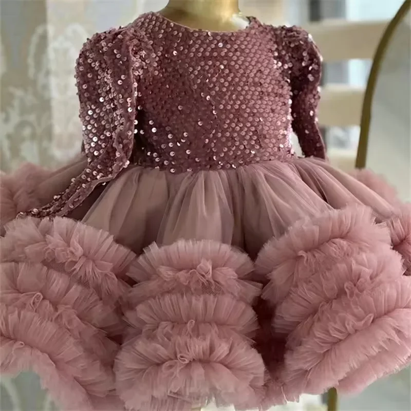 Sequin Pink Tulle High End Kids Girls Ball Gown Little Girl One Year Old Party Long Sleeves O-Neck Dresses Baby Princess Costume