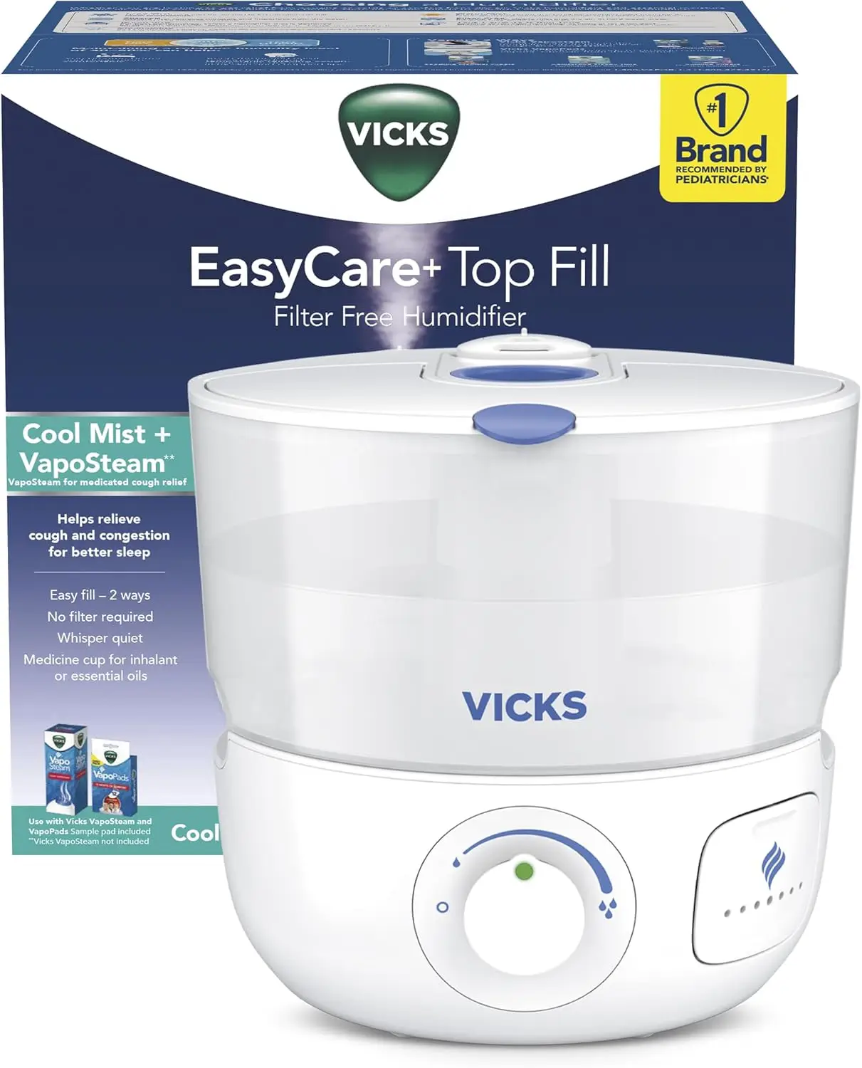 

EasyCare Plus Fill Filter-Free Cool Humidifier, Small Room\u2013For Vapors 2 Ways \u2013Works with VapoPads and VapoSteam, Wh