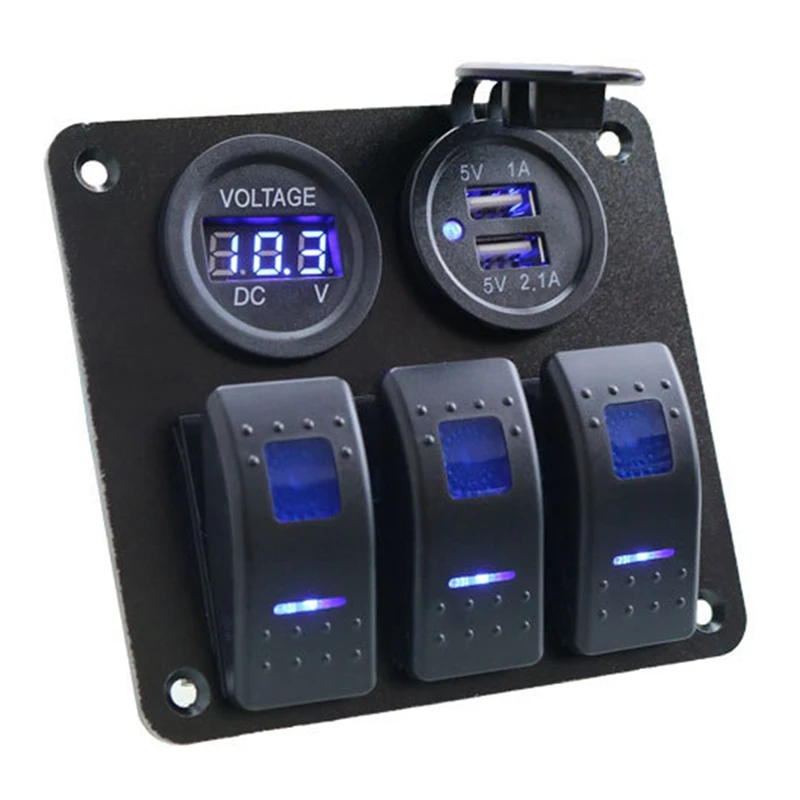 

Digital Voltmeter Dual USB Port Boat Switch Panel Car Switch Panel DC 12-24V Outlet Combination LED Rocker Switch Panel