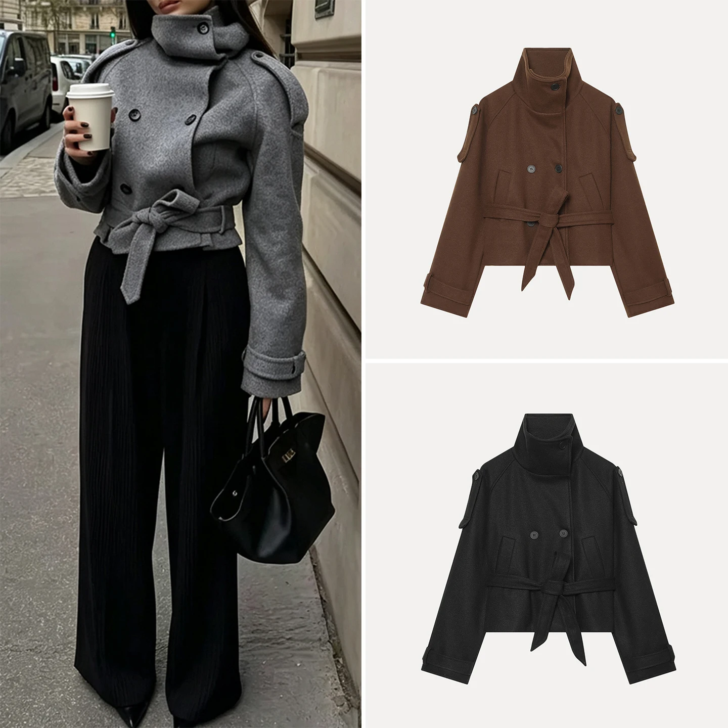 Women's Fashion Short Coat Autumn 2026 Casual Style Long Sleeve Stand Collar Double Buttoned Multi-Color Belted Outerwear