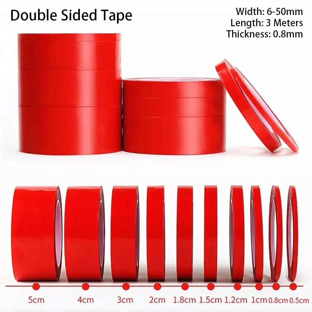 3Meters/Roll PET Red Film Double Sided Tape 6-50mm Width No Trace Sticker Tape Acrylic Clear Fixed Pasted Tapes