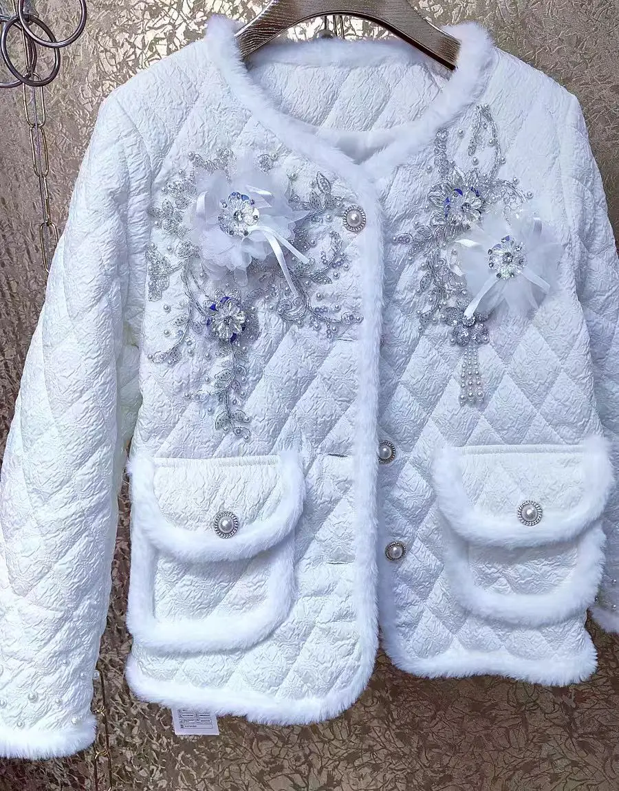 New In Sequins Embroidery Pearls Beaded Women's Padded Jacket Autumn Winter Off White Outerwears Parkas Coat Woman Clothes