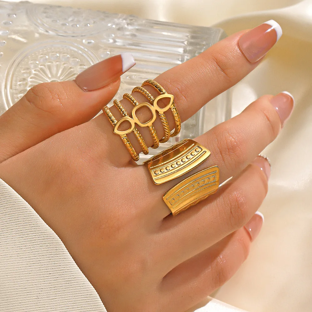 Hip hop ethnic style geometric stainless steel open ring for women Gold Color Adjustable Wedding Aesthetic Ring Jewerly Gift