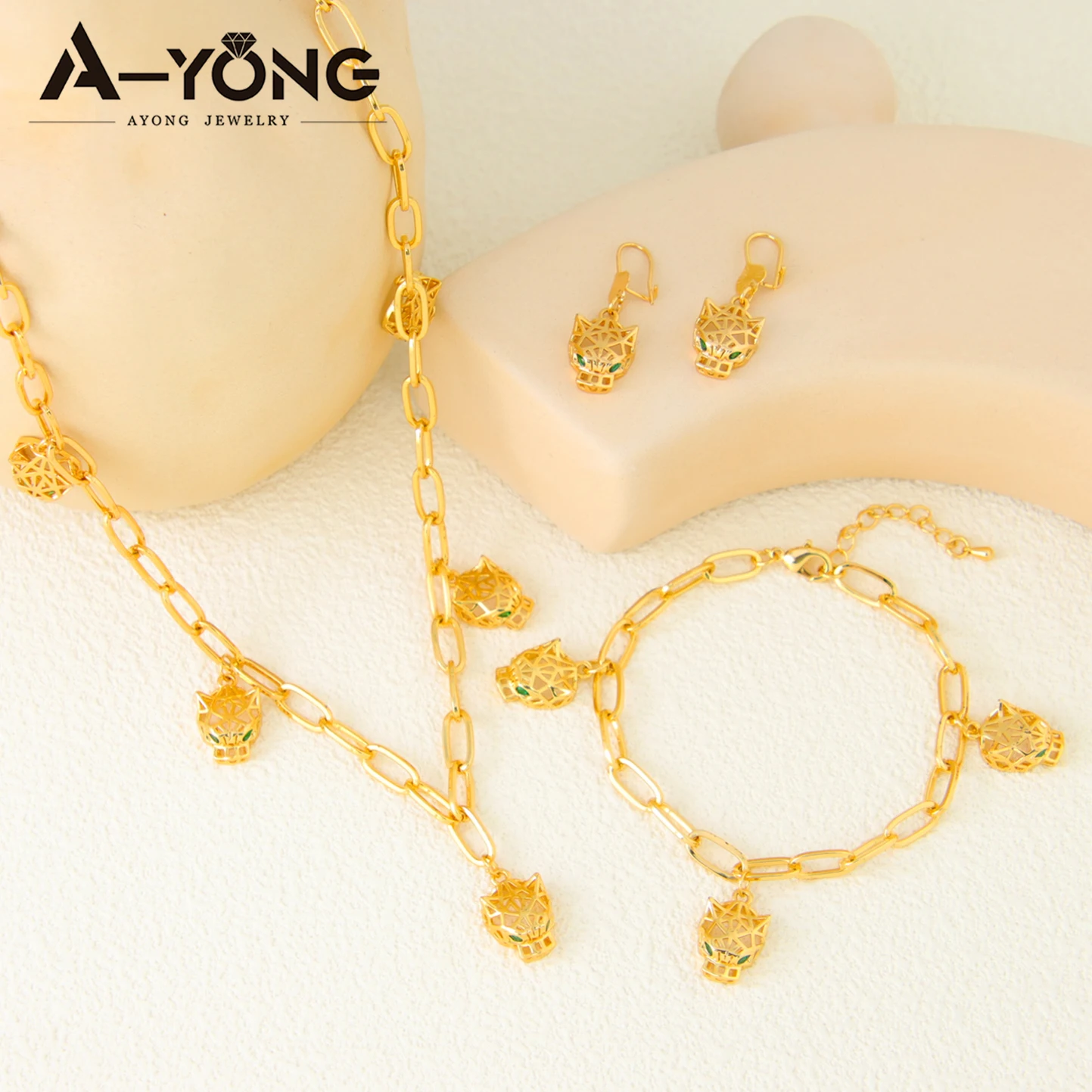 Luxus Gold Farbe Leopard Halskette Armband Ohrringe Set 21 Karat vergoldet Vintage Panther Punk Unisex Dubai Arab vollen Schmuck – Detail 3