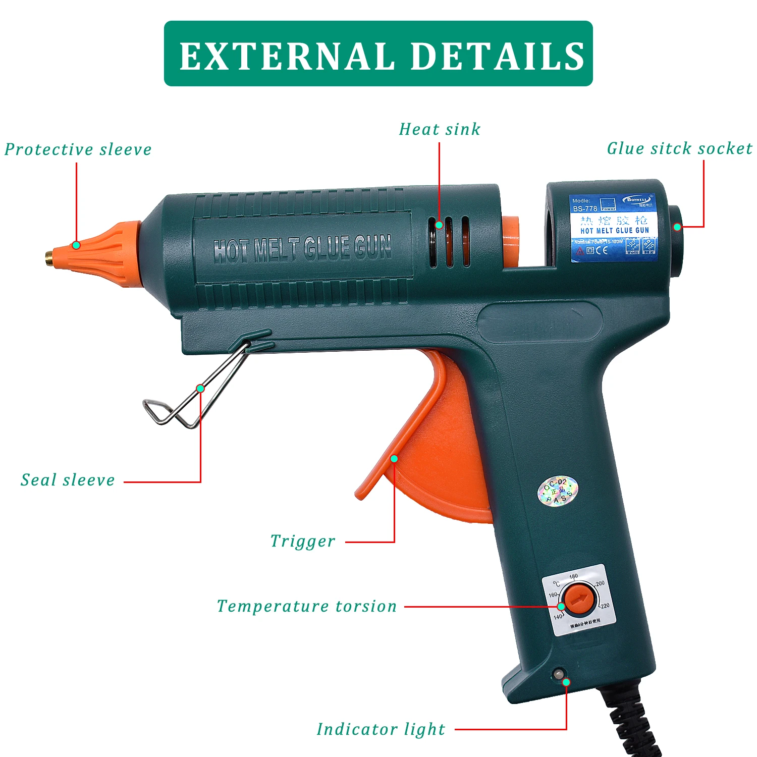 150W hot melt glue gun, 8 specifications to choose from, replaceable pure copper nozzle, use 11mm glue stick as maintenance tool