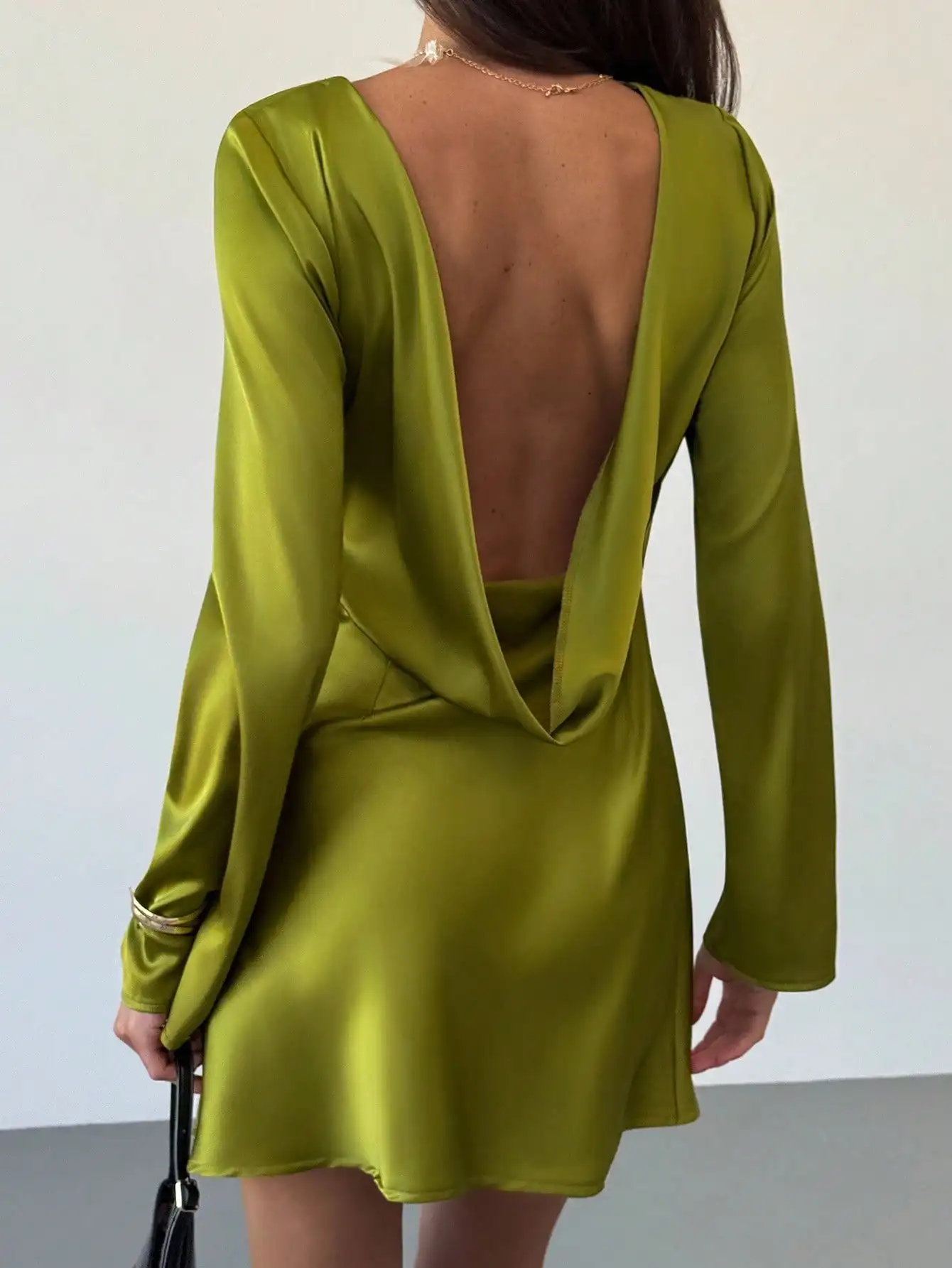 

Olive Green Satin Backless Mini Dress with Long Sleeves and V-Neckline