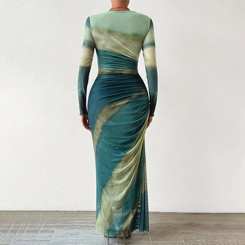 Robe Corset en maille verte, teinture par nouage, robes d'automne élégantes pour femmes, moulante, manches longues, imprimé Maxi froncé à travers la robe féminine