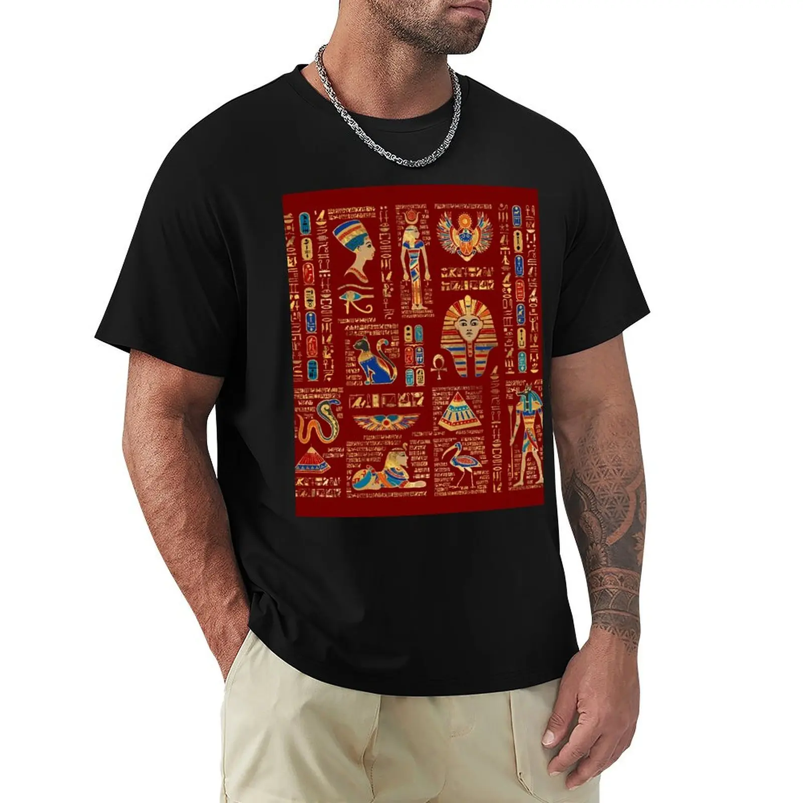 

Egyptian hieroglyphs and deities on red T-Shirt designer shirts sports fans plus sizes plain white t shirts men
