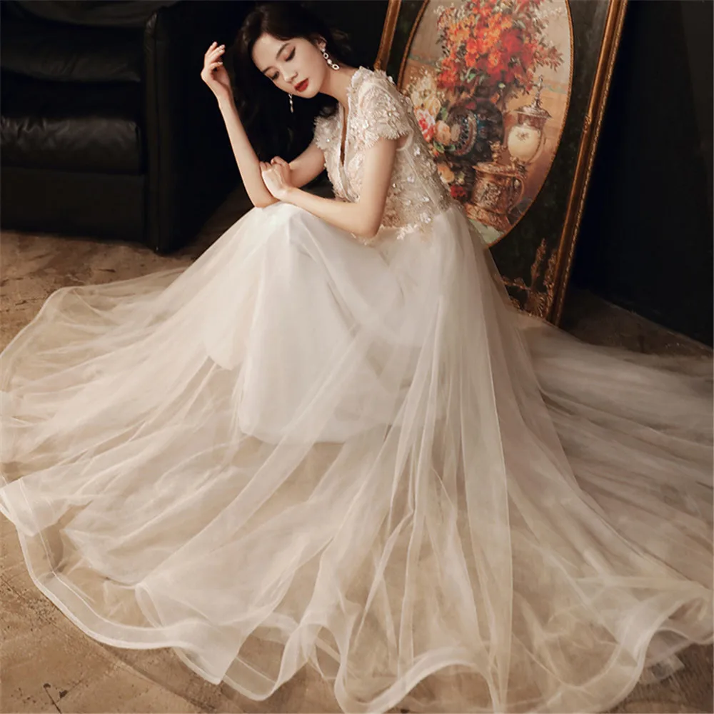 فاخر الفرنسية العميق الخامس الرقبة مطرز زين فستان زفاف العروس مثير الزفاف مساء حفلة المرأة الرسمية الكرة ثوب #3