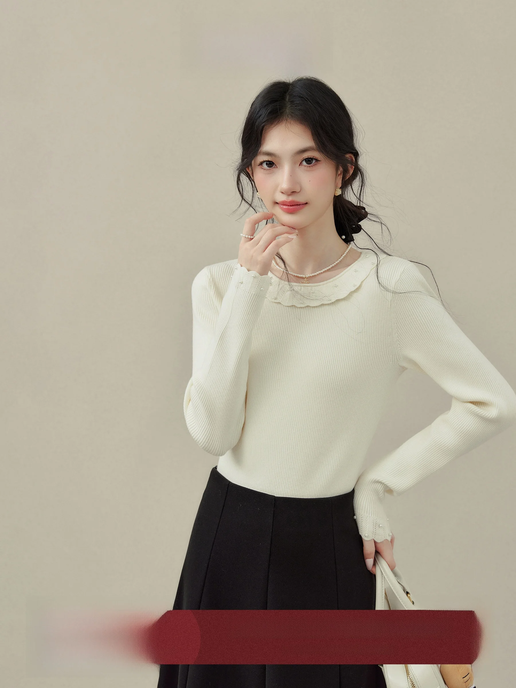 

Ouyang Xi round Ne Knitwear Women's Base Layer irt ey Color Blo Sve Long Winter Faion Simple Sle Base Top